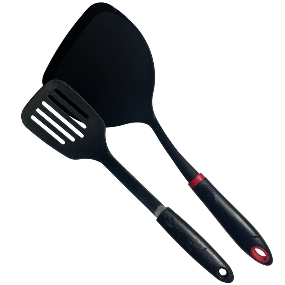 2 Pc Spatula Lot Chefmate Slotted Turner & Wide Nylon Turner‎ Black Red Kitchen